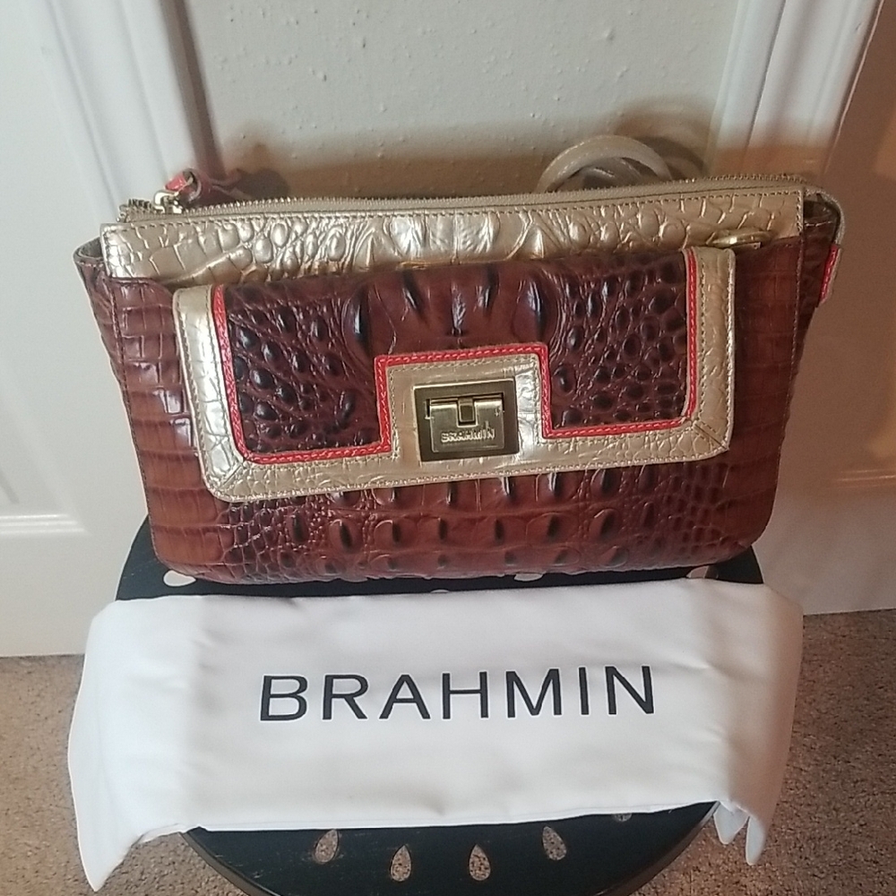Brahmin Brown and Gold Croc-Embossed Clutch